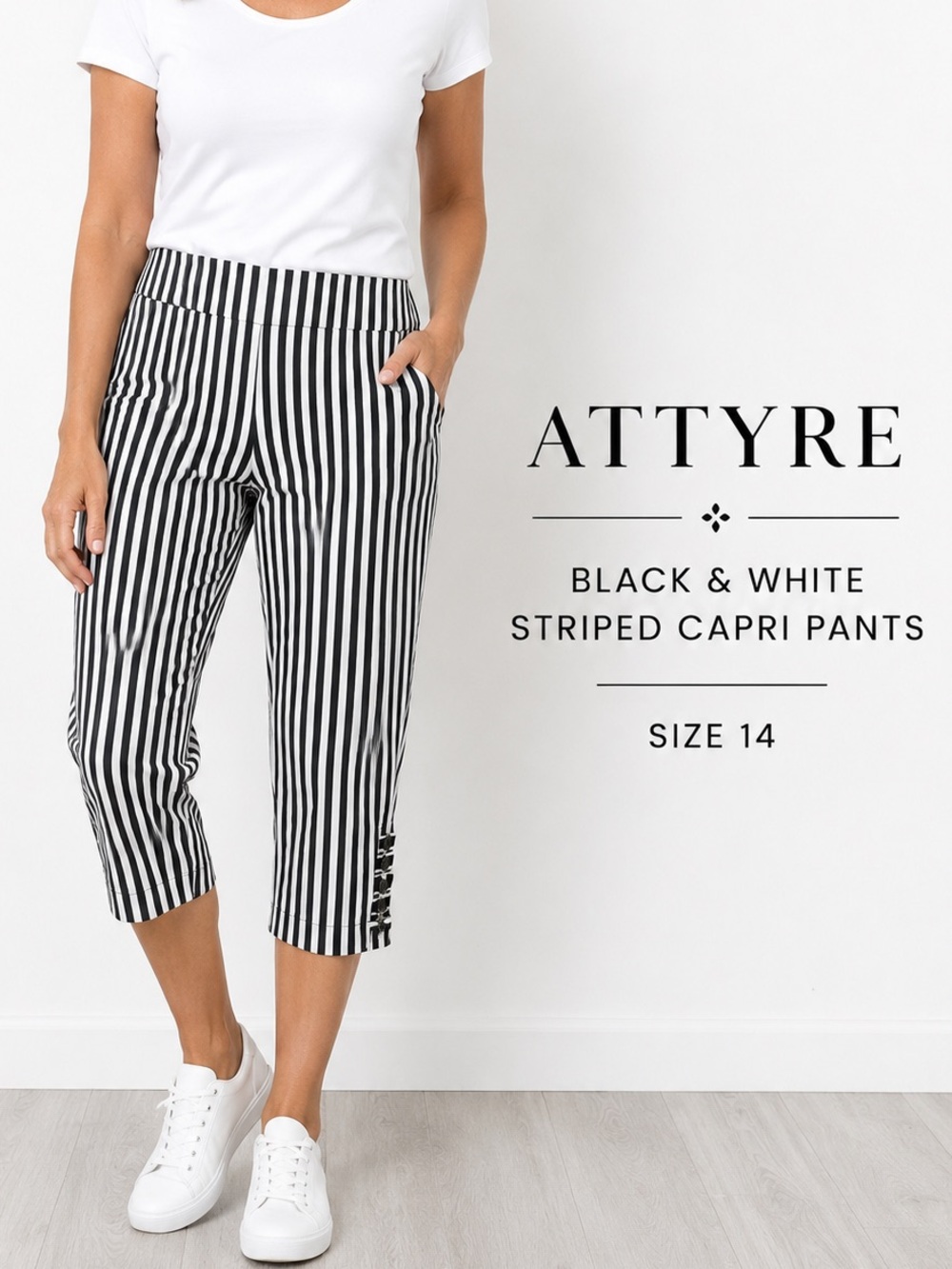 Attyre Black and White Striped Pants, size 14